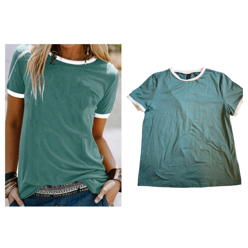 Shein Lune Womens T-shirt Size M Green White Short Sleeve Casual Soft Top